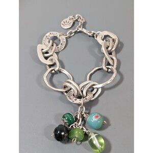 Mozaic Silver TOne Green Glass‎ Charm Chain Bracelet Chunky Boho 8.5-11"